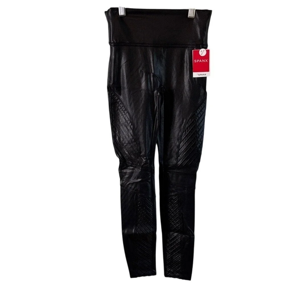 SPANX Leggings Moto Black Faux‎ Leather Look XS Petite New with Tags